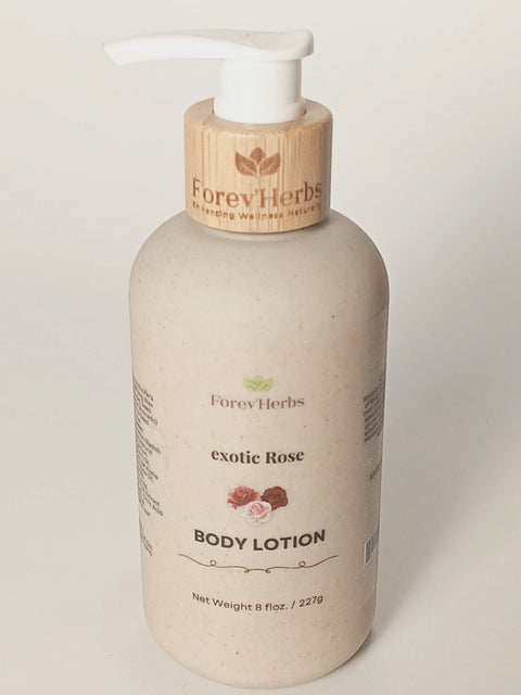 A bottle of Forev'Herbs Exotic Rose Lotion with a pump dispenser, wood-style cap, and floral design contains 8 fl oz (227g) of natural moisturizer for deep hydration.
