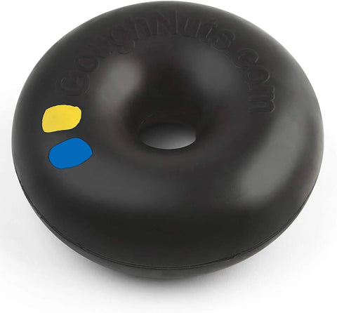 The Goughnuts XL Ring is a black, donut-shaped durable rubber dog toy for dogs 100+ pounds, featuring yellow and blue dots and “GoughNuts.com” embossed—ideal for aggressive chewers.