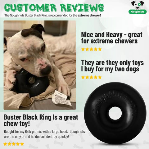 A white and brown pit mix chews the Goughnuts XL Ring (for dogs 100+ lbs) on the couch. Customer reviews with star ratings and photos praise its durability for aggressive chewers.