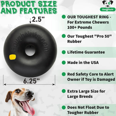 A smiling dog sits beside the Goughnuts XL Ring, a large, black rubber toy for dogs 100+ lbs. Features: durable for aggressive chewers, safety indicator, made in the USA, and does not float. “GoughNuts.com” is printed on the ring.