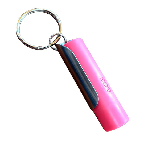 A pink Extra Large Lip Balm Keychain Holder by Tallac House with a stainless steel durable clip and keyring lies on a white background, offering easy, stylish access to your lip balm on the go. Made in USA.