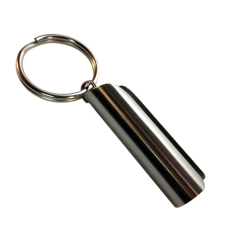 The Tallac House Lip Balm Keychain Xtra-Large Lip Balm Holder is a USA-made, stainless steel pill-shaped keychain with a split ring, designed for larger diameter lip balms only. Shiny and sleek—perfect for easily carrying your favorite big lip balm.