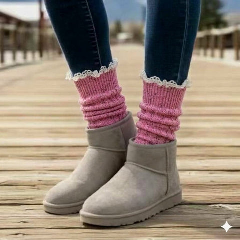 Pink Lace Trim Slouch Socks 10 Inch – BOOTIE Cozy Knit Socks | Made in USA Catherine Cole  lace slouch socks
