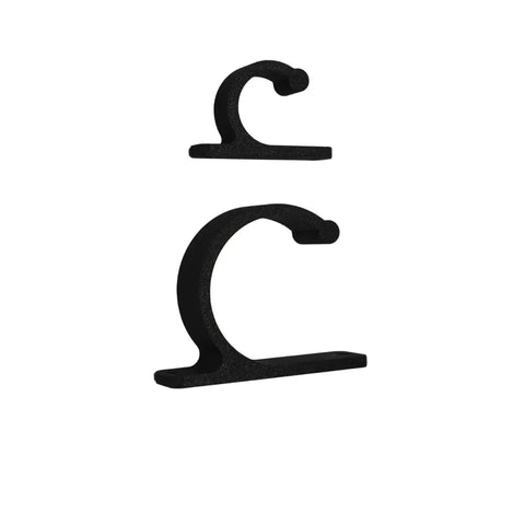 The FRESHe Horizontal Fishing Rod Holders by Chatelet Manufacturing are two black, USA-made brackets with a curved design and flat bases, perfect for securely storing fishing rods or hanging other items.