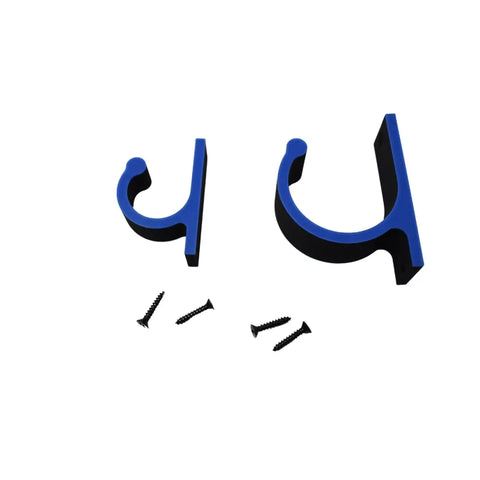 Two FRESHe Horizontal Fishing Rod Holders by Chatelet Manufacturing, in blue and black, are displayed side by side with two black screws each on a white background.