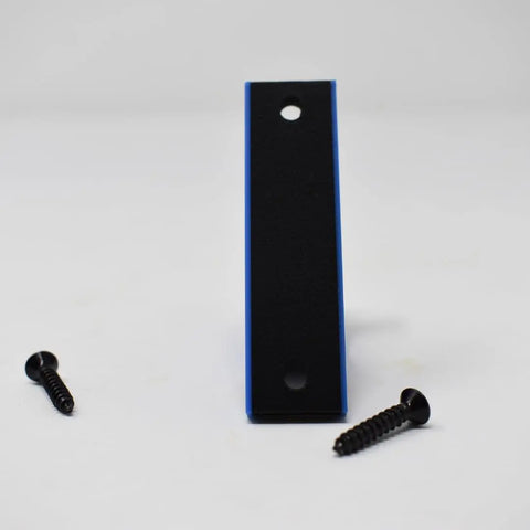 The FRESHe Horizontal Fishing Rod Holder by Chatelet Manufacturing is a black and blue rectangular bracket, shown upright with two black screws beside it—USA made for secure fishing rod storage.