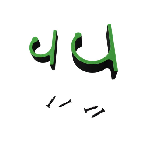 The FRESHe Horizontal Fishing Rod Holders by Chatelet Manufacturing feature two green and black U-shaped plastic hooks ideal for fishing rod storage, displayed with four black screws on a white background.