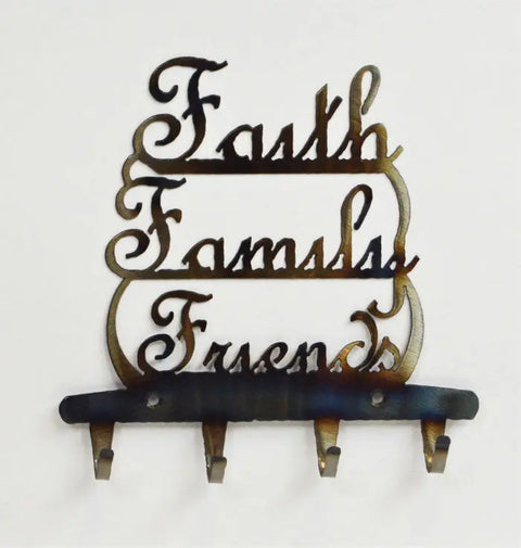 Faith Family Friends Key Holder – Rustic Metal Wall Mount Organizer | Made in USA, Handcrafted Knights Home Decor  item