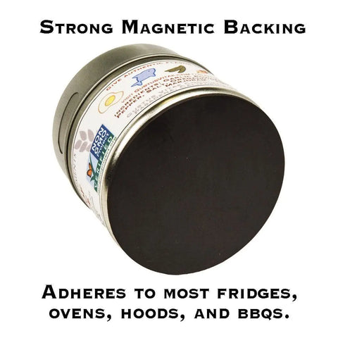 A round metal container from vendor-unknown’s Fancy Proteins & Truffled Sides | 4 Pack has a solid black magnetic back, labeled “Strong Magnetic Backing.” Ideal for gourmet blends like Italian black truffles; sticks to fridges, ovens, hoods, and BBQs.