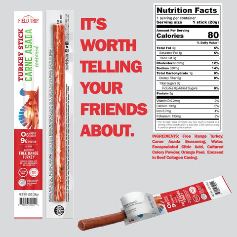 Image shows Field Trip Carne Asada Turkey Sticks 1oz (10ct) with packaging, nutrition facts, and ingredients. Large text reads: ITS WORTH TELLING YOUR FRIENDS ABOUT. Made from free range turkey, the stick is pictured unwrapped below.