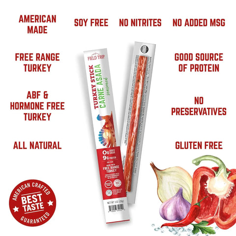 A Field Trip Carne Asada Turkey Sticks 1oz (10ct) package is shown with text: protein-rich, American made, soy free, no nitrites or MSG, all natural, hormone free, and made from free-range turkey. Vegetable graphics appear below.