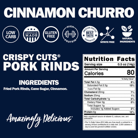 Field Trip Cinnamon Churro 1oz (6 Pack) Pork Rinds: keto friendly, low carb, gluten free, high protein, nitrite free, American made. Enjoy healthy snacks with great taste and natural ingredients. Nutrition facts and ingredients included.