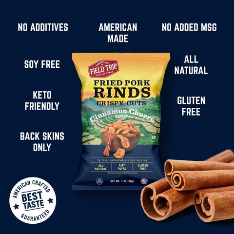A bag of Field Trip Cinnamon Churro 1oz (6 Pack) is centered on a dark background, surrounded by cinnamon sticks and text showcasing healthy snacks that are Keto friendly, gluten free, soy free, and all natural.