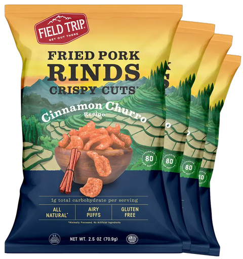 Four bags of Field Trip Cinnamon Churro 2.5oz pork rinds, featuring airy Crispy Clouds, mountain design, cinnamon sticks, and highlights like gluten free, all natural ingredients, and keto friendly healthy snacks.