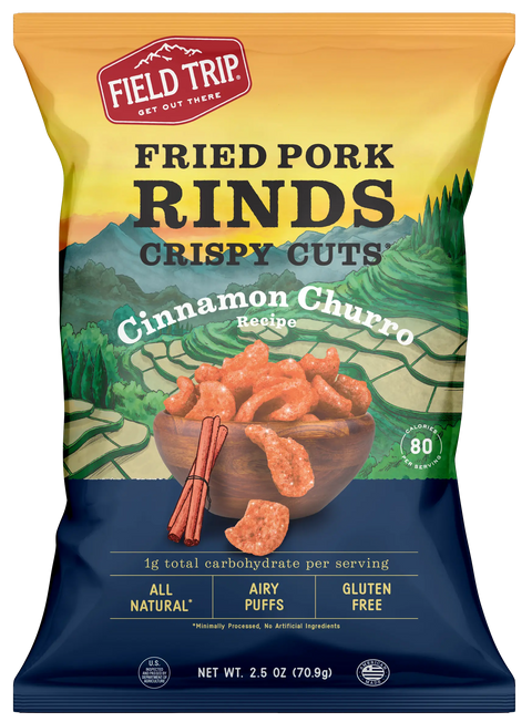 Field Trip Cinnamon Churro 2.5oz (4 Pack) are keto-friendly, air-puffed pork rinds that are all natural, gluten-free, and perfect for your healthy snack collection.