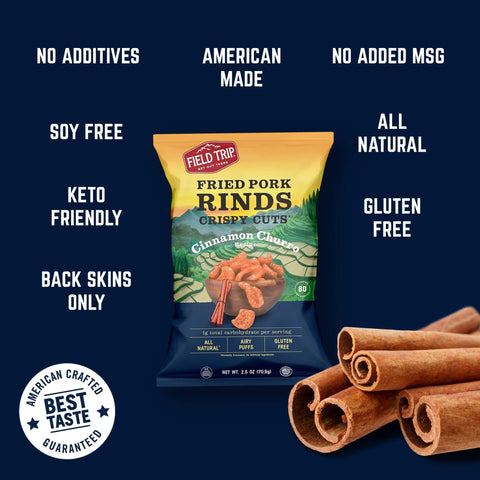 A bag of Field Trip Cinnamon Churro 2.5oz (4 Pack) sits on a navy background, with features like keto friendly, gluten free, and all natural highlighted. Three cinnamon sticks and Crispy Clouds complete the healthy snack scene.