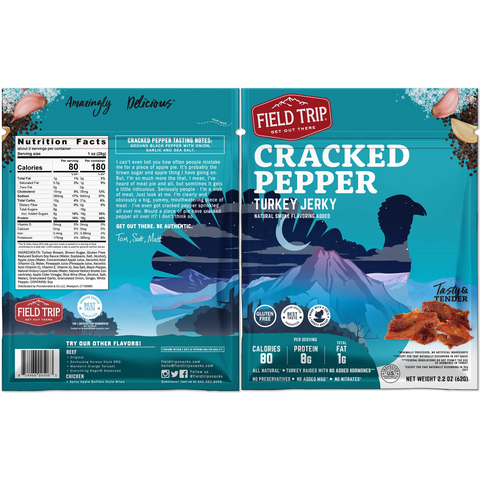 Field Trip Cracked Pepper Turkey Jerky 2.2oz (4ct) features blue packaging with a mountain landscape, vulture silhouette, nutrition facts, and highlights that it’s gluten free and has no added hormones. Jerky pieces appear in the lower right corner.