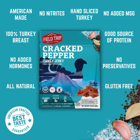 Field Trip Cracked Pepper Turkey Jerky 2.2oz (4ct) is displayed on a blue background with ingredients and key features: gluten free, no added hormones, no preservatives, all natural, high protein, and no nitrites.