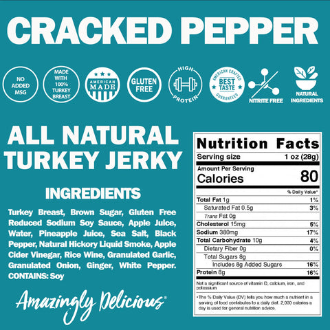 Field Trip Cracked Pepper Turkey Jerky 2.2oz (4ct) features an all-natural recipe with no preservatives, gluten, added MSG, nitrites, or hormones. High in protein. Ingredients and nutrition facts appear on a teal background.