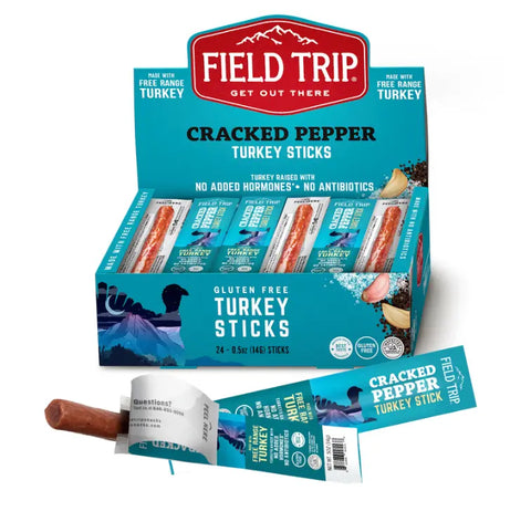 Field Trip Cracked Pepper Turkey Sticks .5oz (24ct) display box offers individually wrapped, gluten-free sticks made from free range turkey with no antibiotics or added hormones,* and zesty cracked pepper flavor.