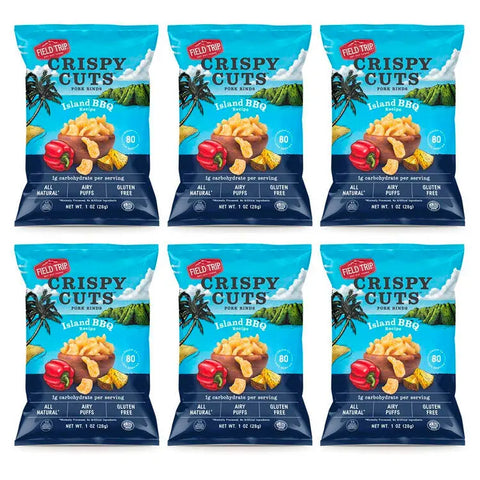 Six blue, keto-friendly Field Trip Island BBQ 1oz pork rind bags (6 Pack) are arranged in two rows of three, featuring images of pork rinds, peppers, palm trees, and beach scenery on the packaging.