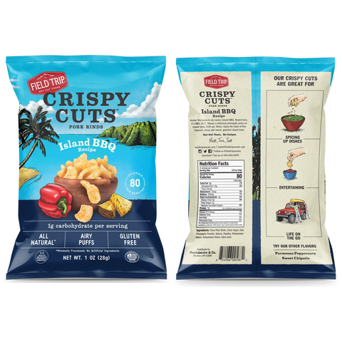 Front and back of a blue Field Trip Island BBQ 1oz (6 Pack) pork rinds bag shown; front displays pork rinds, palm tree, and mountains, while the back highlights keto friendly benefits, nutrition facts, uses, and product details.