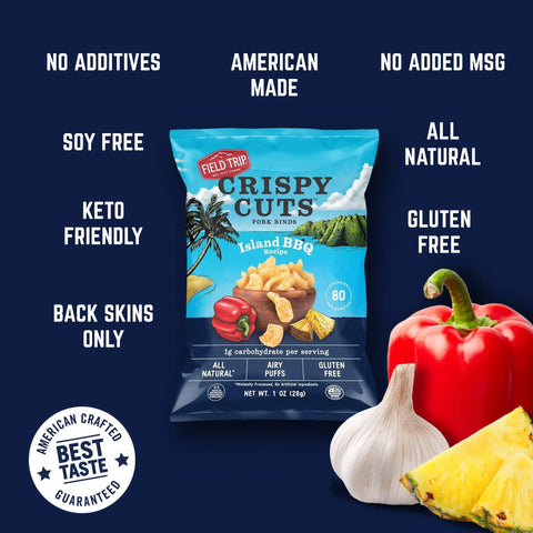 A pack of Field Trip Island BBQ 1oz pork rinds is shown with garlic, red bell pepper, and pineapple. This keto-friendly snack is all natural, gluten free, has no additives, and is made in the USA. Available in a 6 pack.