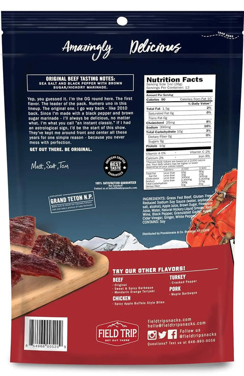 Back of a Field Trip Original Beef Jerky 12oz package features hickory smoke flavor, nutrition facts, gluten free ingredients, and brand story. Below are mountains, a red backpack image, and social media handles.