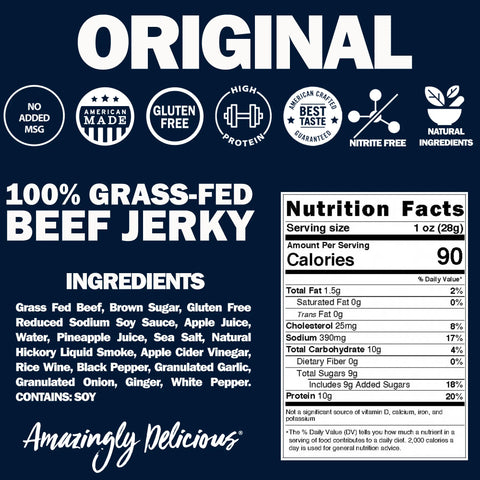 Field Trip Original Beef Jerky 12oz features a blue and white label. Made from 100% grass-fed beef, hickory smoke flavor, no MSG, gluten free, high protein, natural ingredients, nitrite-free. Includes nutrition info and ingredients list.