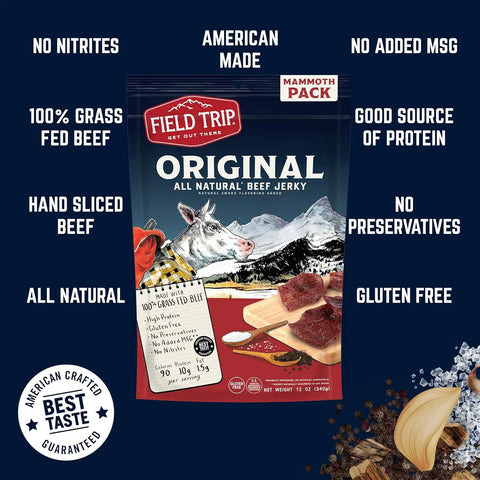 A package of Field Trip Original Beef Jerky 12oz is centered, highlighting hickory smoke flavor, American-made, 100% grass-fed hand-sliced beef, all natural, good source of protein, no preservatives, and gluten free.
