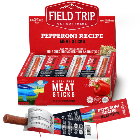 A red Field Trip display box labeled “Pepperoni Recipe Meat Stick .5oz (24ct)” contains 24 individually wrapped, Italian jerky-style sticks made with grass fed beef, gluten free, no added hormones, and antibiotic-free.