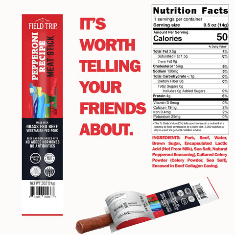 A packaged Field Trip Pepperoni Recipe Meat Stick .5oz (24ct) with nutrition facts, ingredients, and “It’s worth telling your friends about” in bold red on white—made with gluten free ingredients for a better snack.