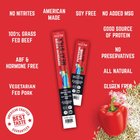 Field Trip Pepperoni Recipe Meat Stick (.5oz, 24ct) shown on a red background with red bell pepper and grains. Highlights: grass-fed beef, Italian jerky flavor, no nitrites, soy-free, gluten-free, hormone-free, all natural, high protein.