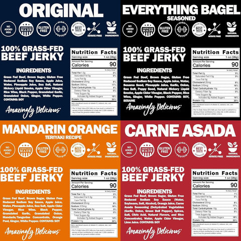 The Field Trip Gift Bag | Jerky & Meat Sticks features four flavors—Original (blue), Everything Bagel (black), Mandarin Orange (orange), and Carne Asada (red)—each with nutrition facts, ingredients, and icons for grass-fed, gluten-free, high protein.