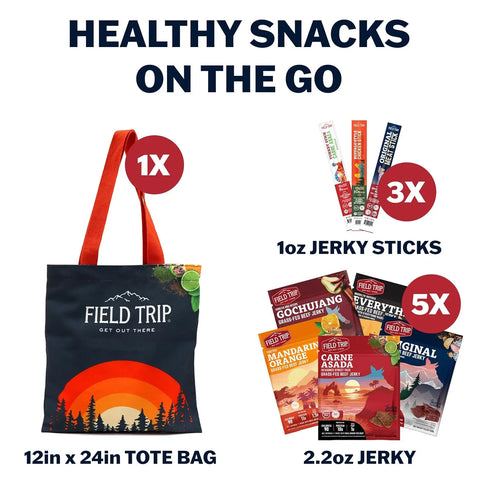 Image of the Field Trip Gift Bag | Jerky & Meat Sticks by Field Trip, featuring a 12x24 tote bag, three 1oz meat sticks, and five 2.2oz assorted beef jerky packs displayed on a white background.