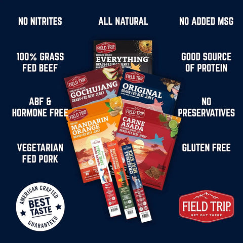 Field Trip Gift Bag | Jerky & Meat Sticks by Field Trip is arranged on a dark background, showcasing features like no nitrites, all natural, gluten free, and high protein. The perfect gift set for snack lovers. Field Trip logo appears in two corners.