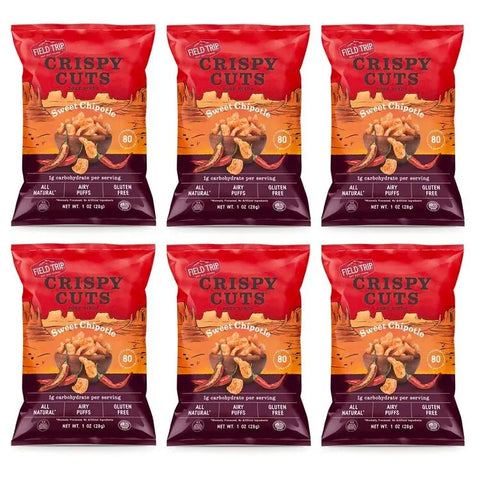 Six bags of Field Trip Sweet Chipotle 1oz pork rinds are shown in two rows, with red and orange packs emphasizing 80 calories per serving, gluten free, keto friendly ingredients, and a bold Chipotle Heat flavor.