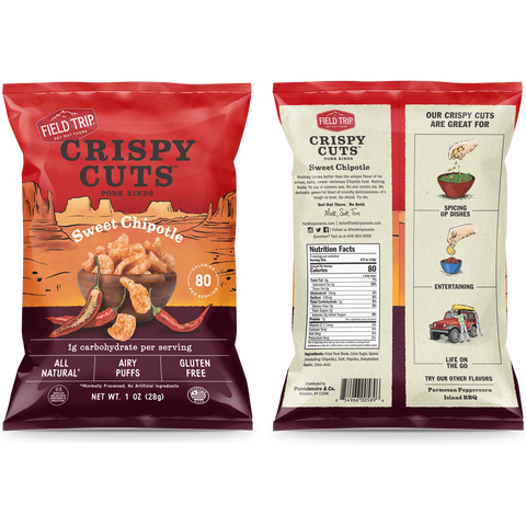 Front and back of a Field Trip Sweet Chipotle 1oz (6 Pack) pork rinds bag, showcasing 80 calories, keto friendly and gluten free highlights, plus nutritional facts and serving suggestions with Chipotle Heat graphics on the back.