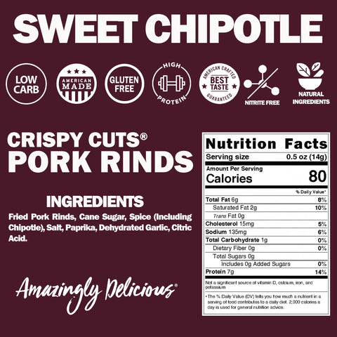 Field Trip Sweet Chipotle 1oz (6 Pack) Pork Rinds are keto friendly, gluten free, high in protein, nitrite free, and made with natural ingredients. Nutrition facts and ingredients appear on a maroon background. Savor chipotle heat in each crispy bite!.