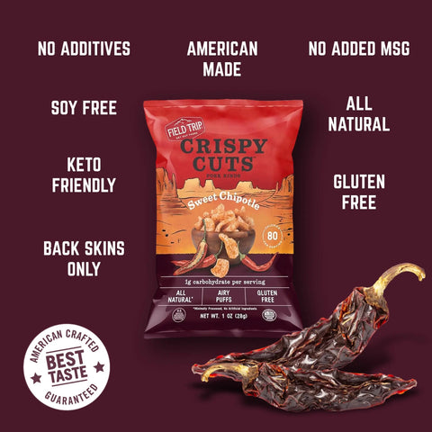 A 1oz bag of Field Trip Sweet Chipotle pork rinds (6 Pack) sits on a maroon background, displaying “gluten free,” “keto friendly,” “all natural,” “no MSG,” and a chili pepper image to showcase the chipotle heat.