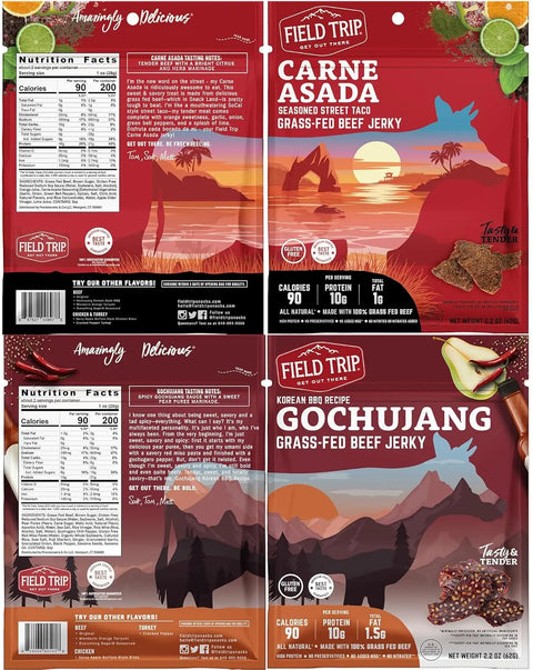 Field Trip Variety 7ct Jerky (Beef) features Carne Asada with a desert sunset design and Gochujang with a mountainous sunset. Both highlight no preservatives, visible jerky pieces, and clear nutrition facts on the packaging.