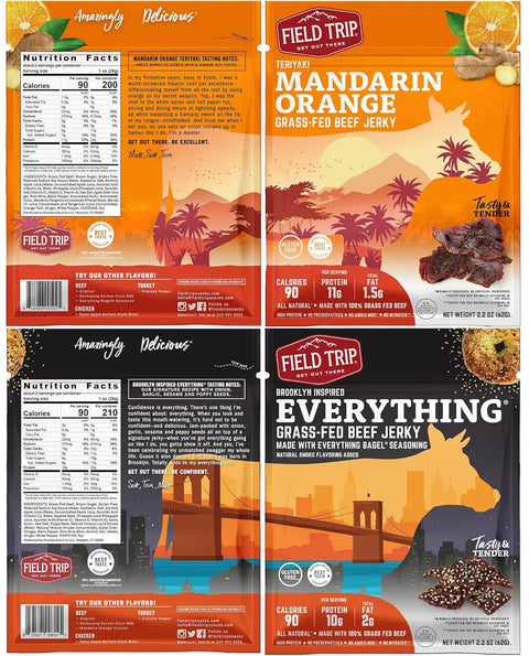 Two packs of Field Trip Variety 7ct Jerky (Beef): Teriyaki Mandarin Orange with orange slices and Everything Bagel with bagels. Nutrition facts visible; made from grass-fed beef with no preservatives for a wholesome snack.