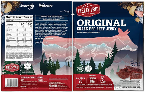 A bag of Field Trip Variety 7ct Beef Jerky features a mountain design, nutrition facts, product info, and jerky pieces. The packaging highlights it is gluten-free, high in protein, and has no preservatives.