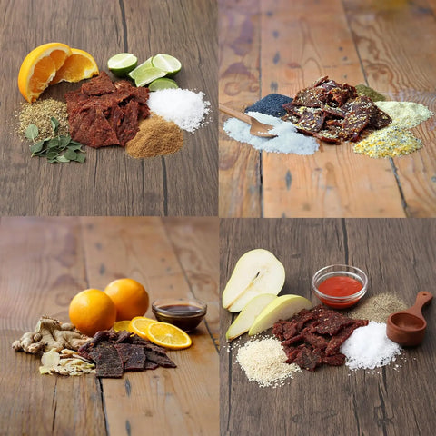 A collage shows Field Trip’s Variety 7ct Jerky (Beef) flavors and ingredients—citrus fruits, herbs, spices, salt, ginger, soy sauce, and powders—arranged naturally without preservatives on a wooden surface.