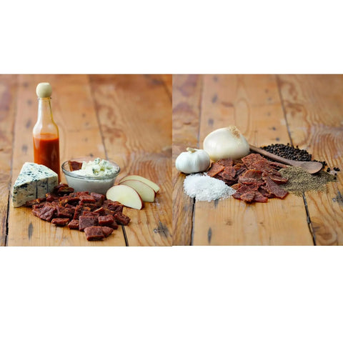 Two wooden tables with Field Trip Variety 7ct Beef Jerky. Left: blue cheese, hot sauce, dip & apple slices. Right: garlic, onion, salt & peppercorns—all arranged around grass-fed jerky with no preservatives.
