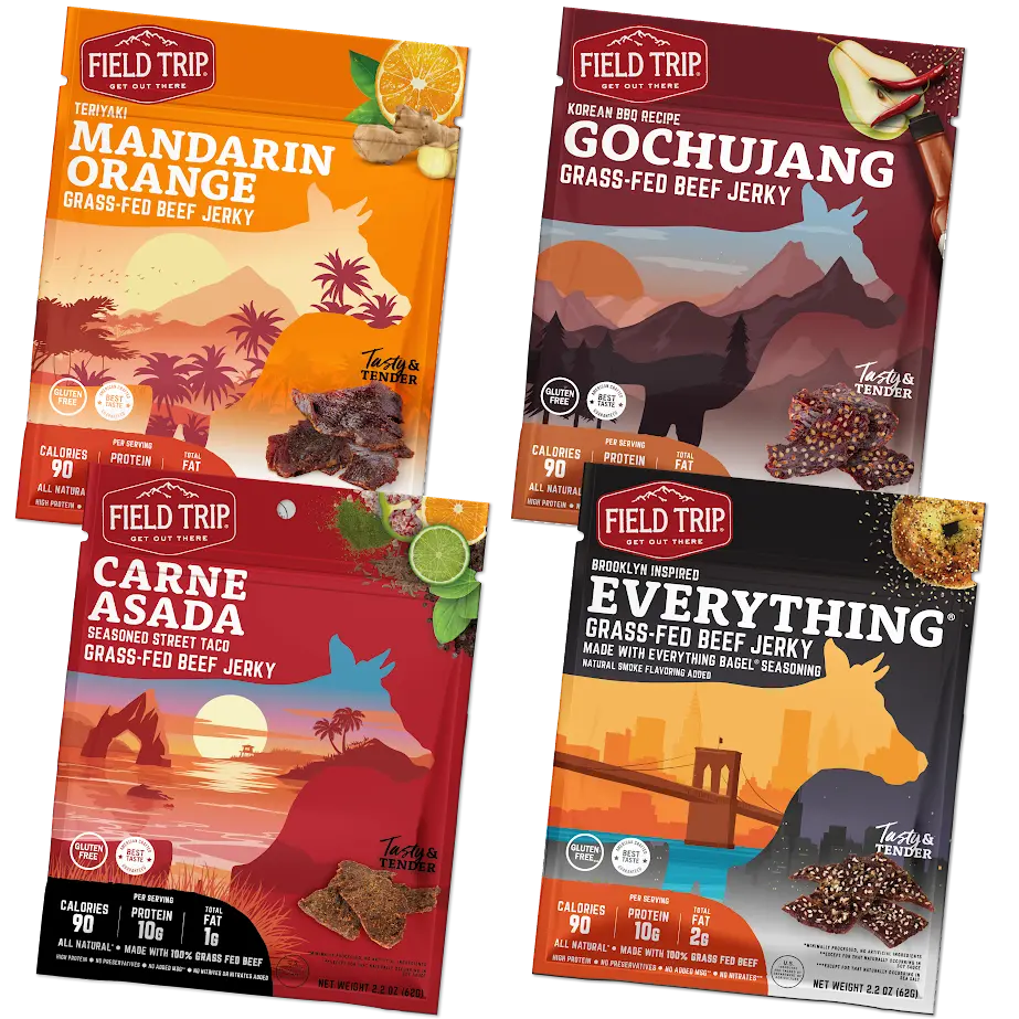 Four Field Trip Variety 4ct Jerky (Beef) bags in Mandarin Orange, Gochujang, Carne Asada, and Everything flavors are displayed with vibrant packaging and images of preservative-free, grass fed beef jerky.