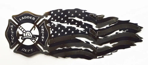 Firefighter Metal Wall Art – Distressed Tattered American Flag Design | Handmade Patriot Decor Made in USA Knights Home Decor  item