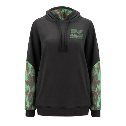 The Fireside Pine Black Cottonwood- Forest Green hoodie features pre-shrunk fabric, a front pocket, green tree graphics on the sleeves and hood lining, and a small green Fireside Pine patch for warmth and comfort.