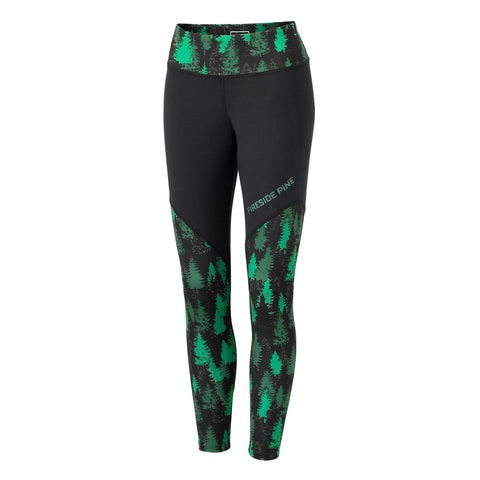 Fireside Pine’s Aspen - Forest Green 7/8 leggings feature a high waistband, green pine tree pattern accents, and FIRESIDE PINE printed on the left leg. Made in the USA for comfort and style.