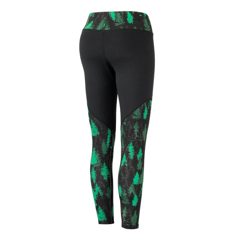 Fireside Pine’s Aspen – Forest Green 7/8 leggings feature green pine tree patterns on the lower legs and waistband, shown from the back. These USA-made leggings blend solid black with forest-inspired prints.